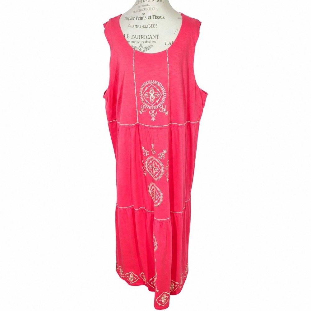 J. Jill Sleeveless‎ Embroidered Tiered Maxi Dress Women's 4X Coral Pink Bohemian